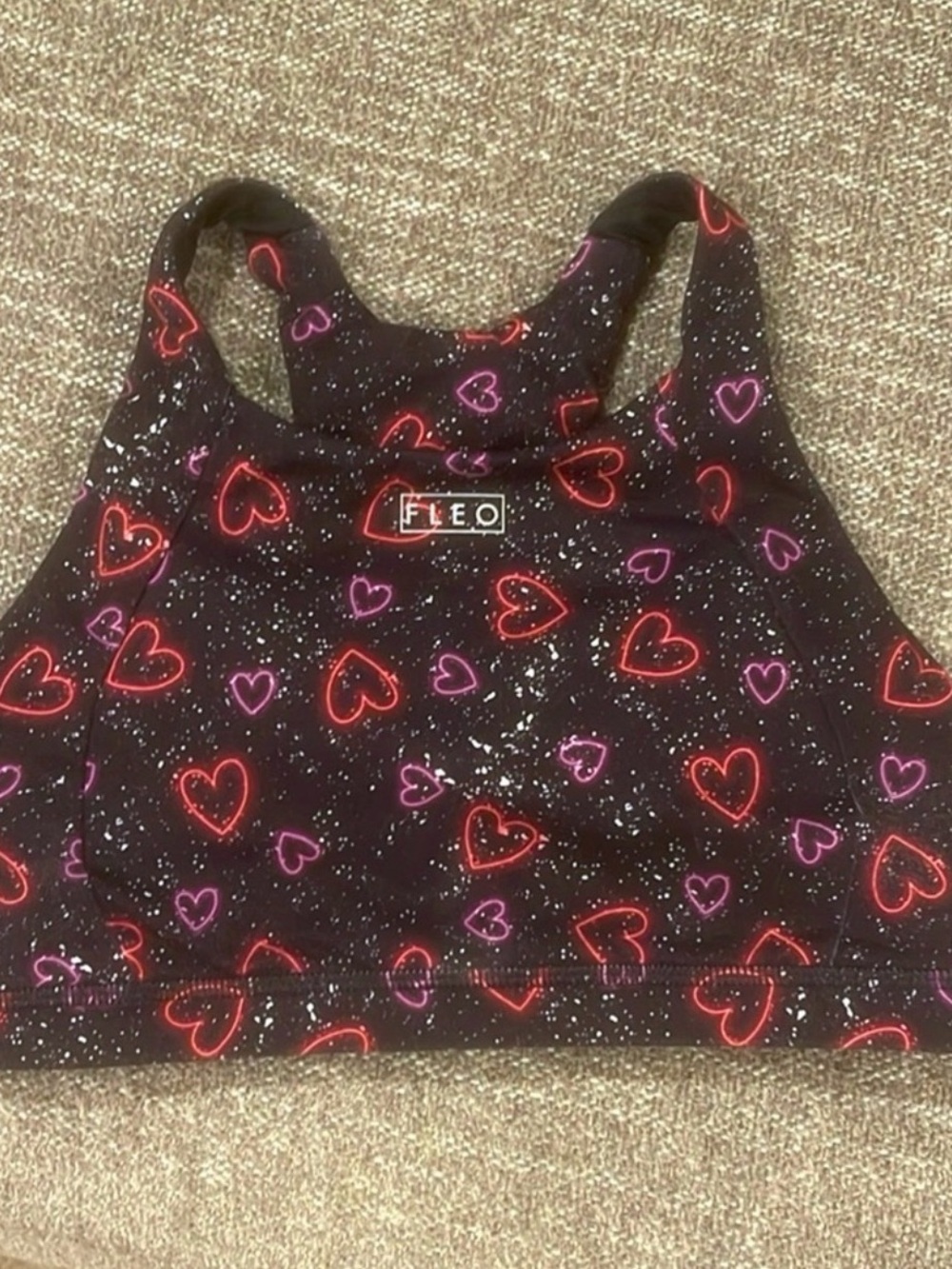 Fleo Jourdaine Black Sports Bra with Red & Purple Heart Print Size Small